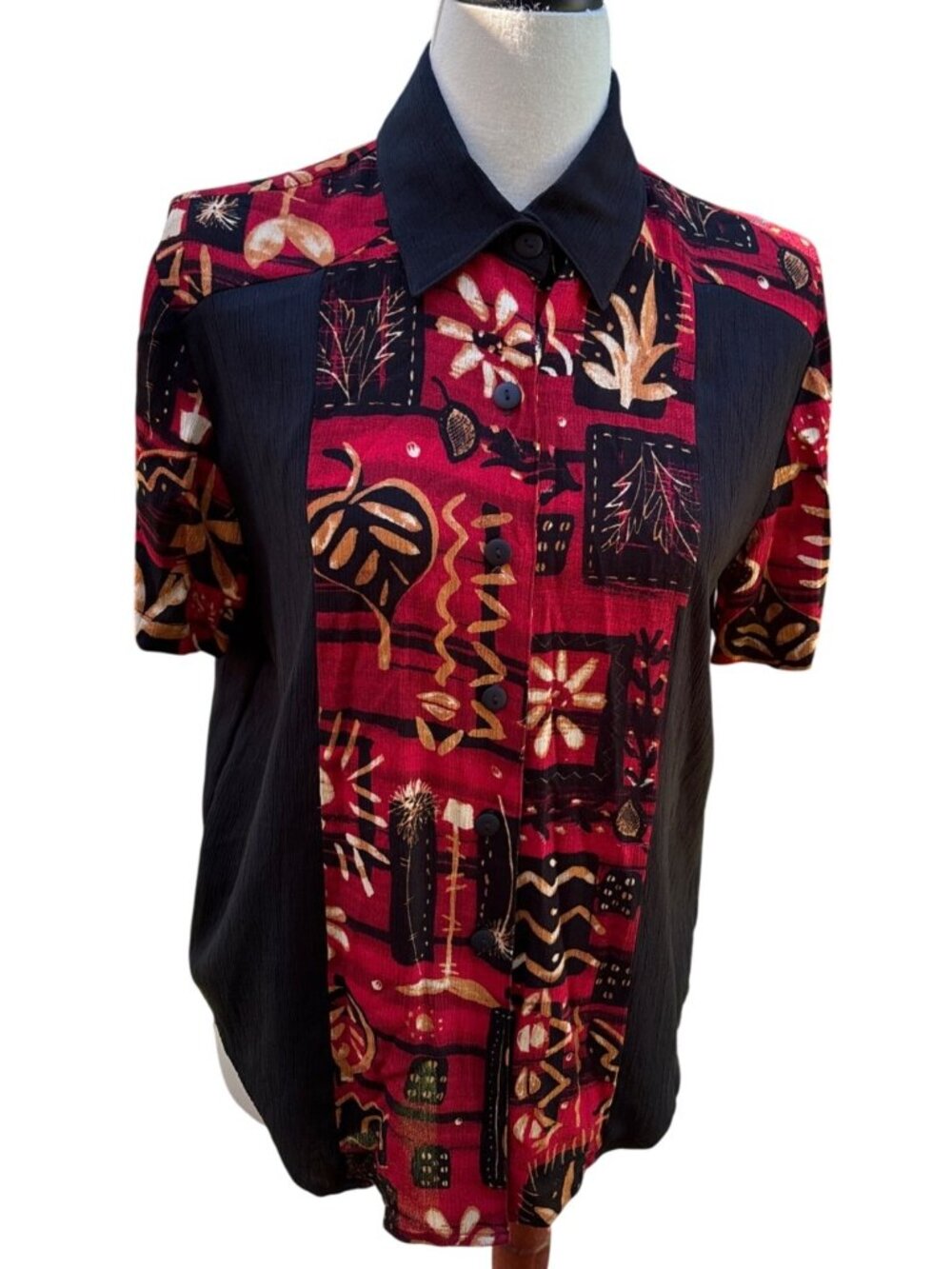 Vintage Red & Black Button-Up Shirt With Abstract Floral Print Size Small